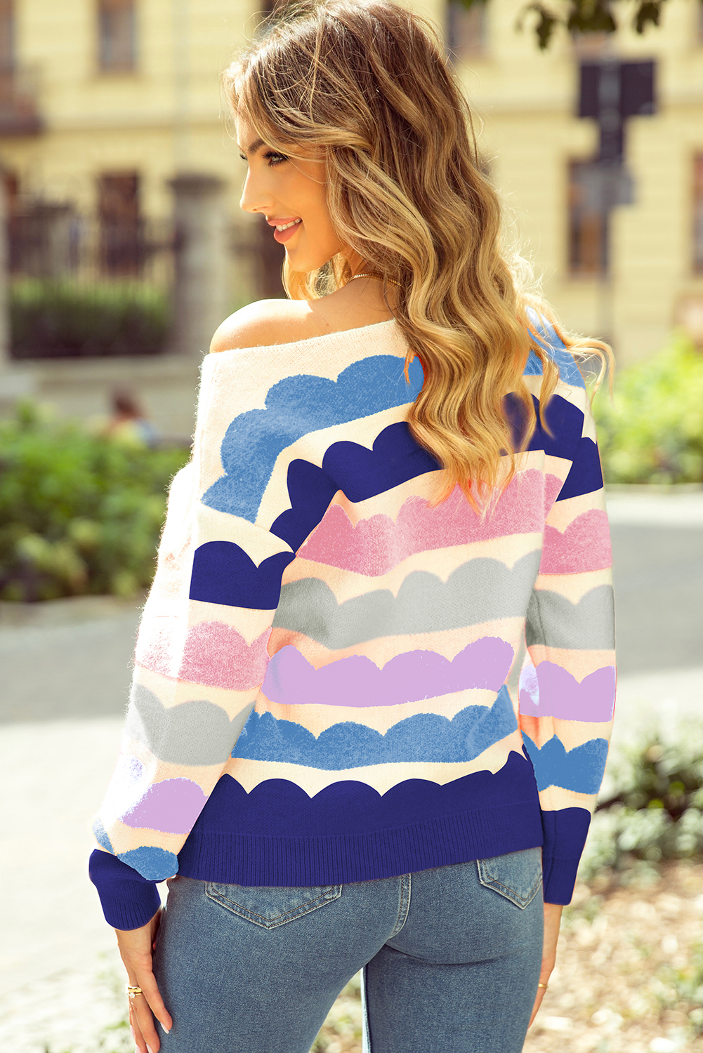 Dark Blue Wave Striped Balloon Sleeve Drop Shoulder Sweater - Image 2