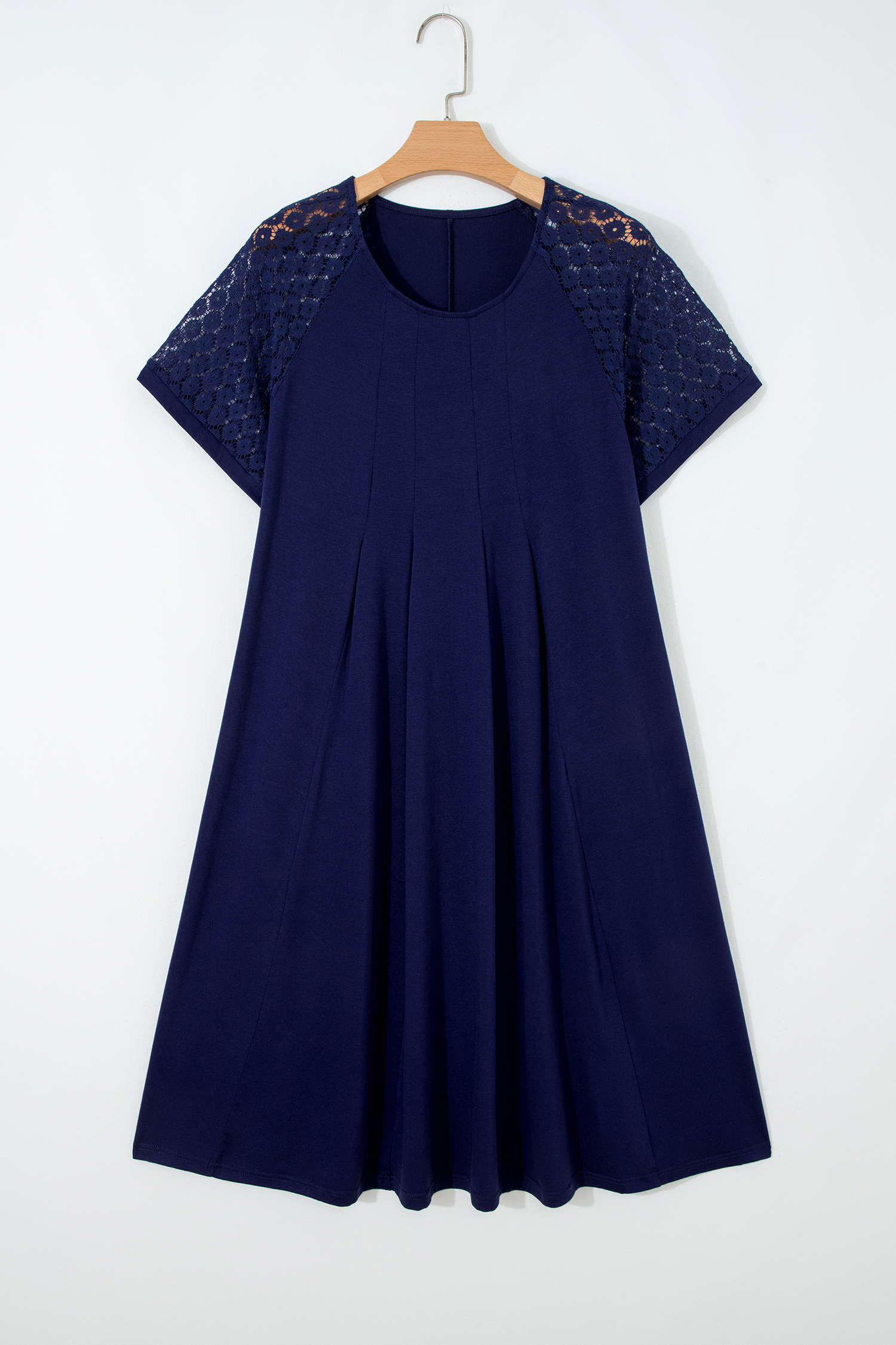 Navy Blue Plus Size Solid Color Lace Short Sleeve Pleated Swing Dress - Image 6