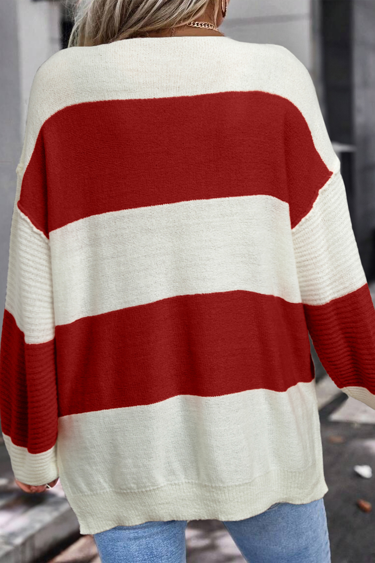 Red Stripe Loose Color Block Drop Shoulder Bubble Sleeve Sweater - Image 2