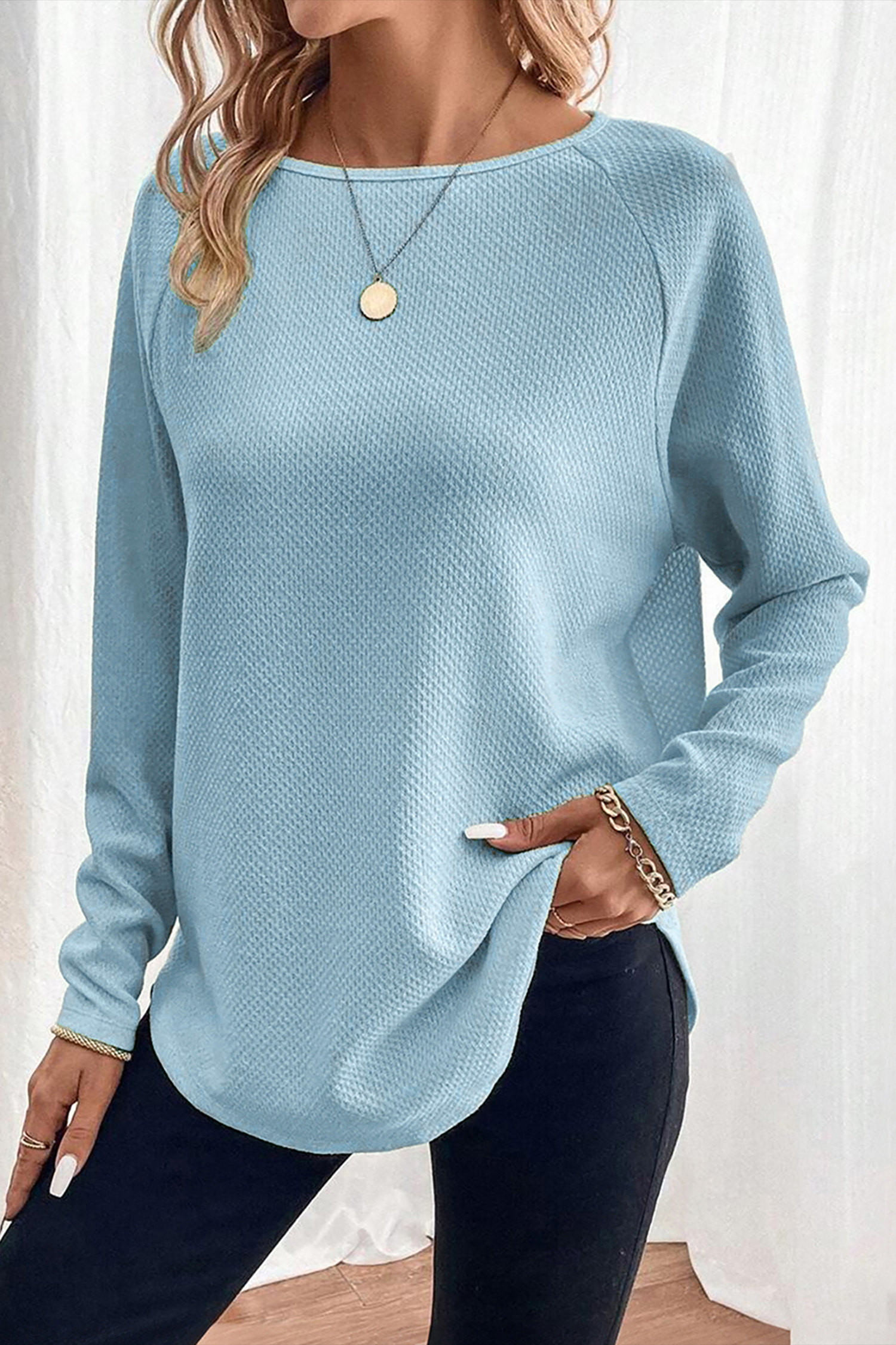 Myosotis Textured Raglan Sleeve Knit Loose Top - Image 3