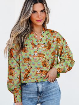 Green Tiger Floral Printed Collared V Neck Casual Shirt