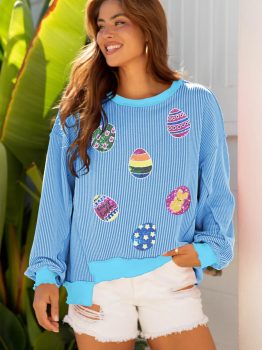 Myosotis Sequin Easter Eggs Twisted Rib Exposed Seam Color Block Top