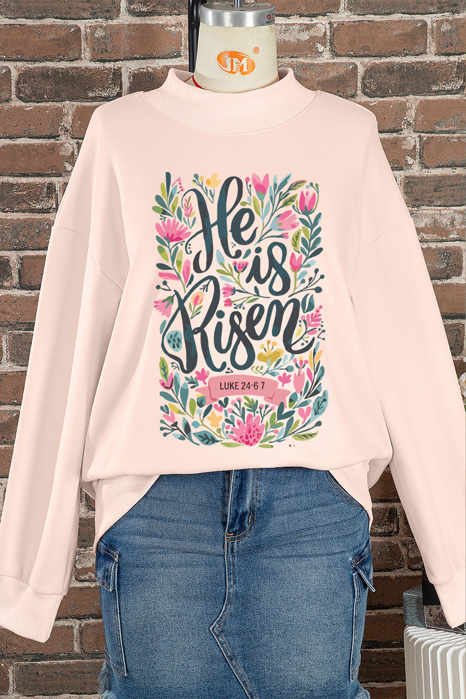 Apricot Pink He is Risen Floral Christian Easter Mock Neck Sweatshirt - Image 4