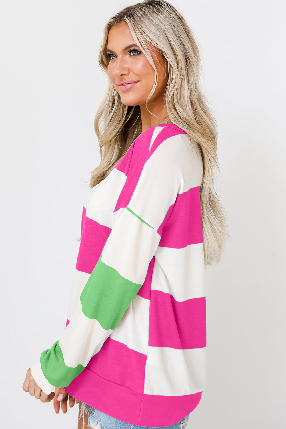 Rose Red Colorblock Striped Drop Shoulder Long Sleeve Top - Image 2