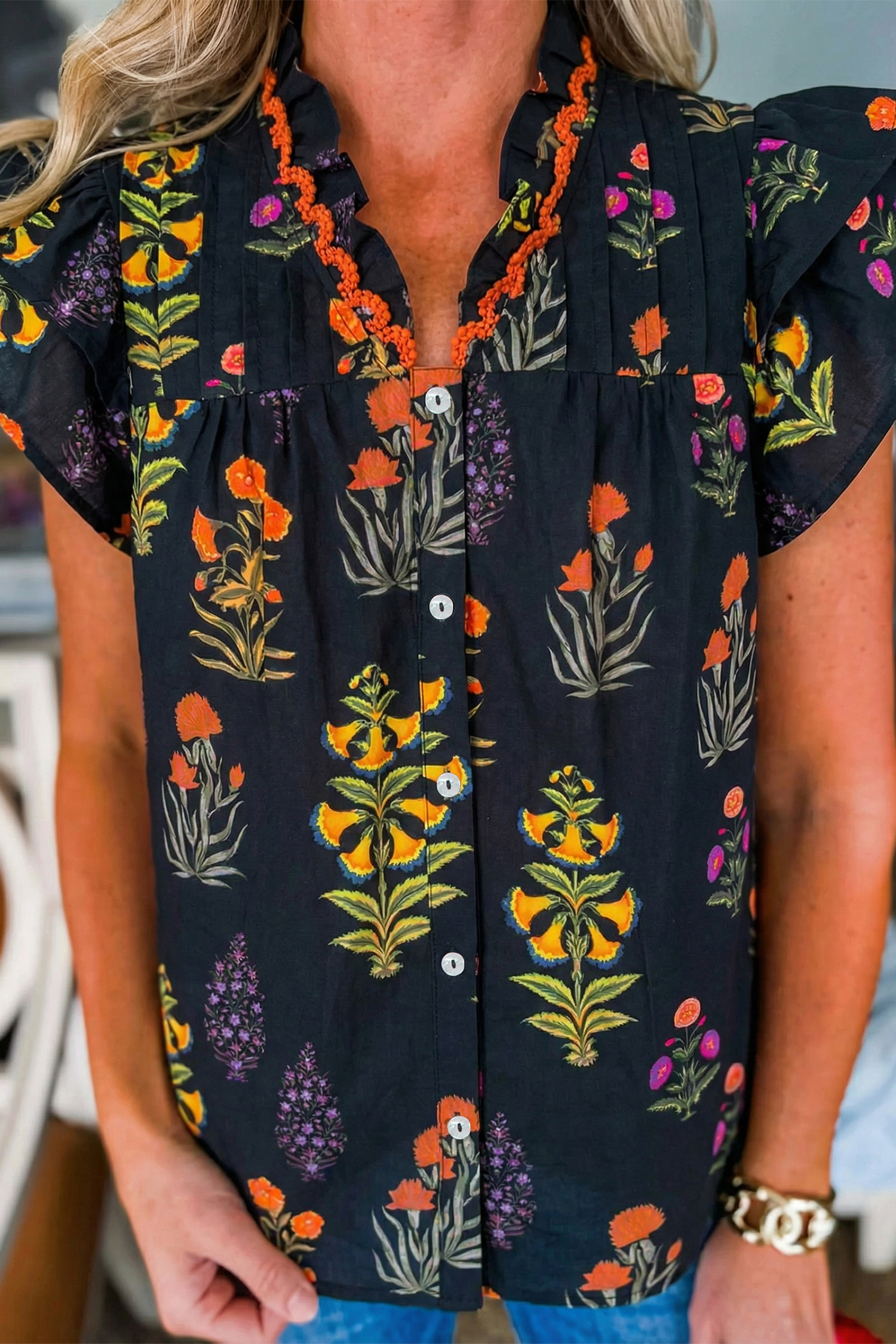 Black Floral Print Lace Trim Frilled V Neck Short Sleeve Shirt - Image 3