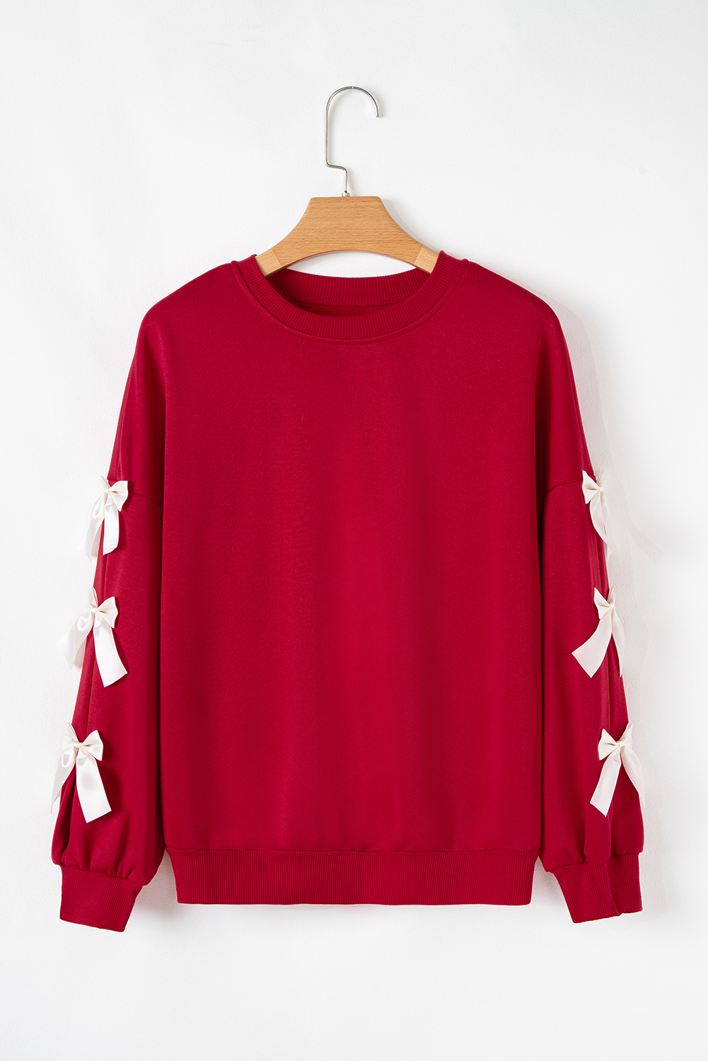 Fiery Red Contrast Bow Decor Dropped Sleeve Crewneck Sweatshirt - Image 5