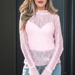 Light Pink Flounced Long Sleeve Mock Neck Sheer Lace Top