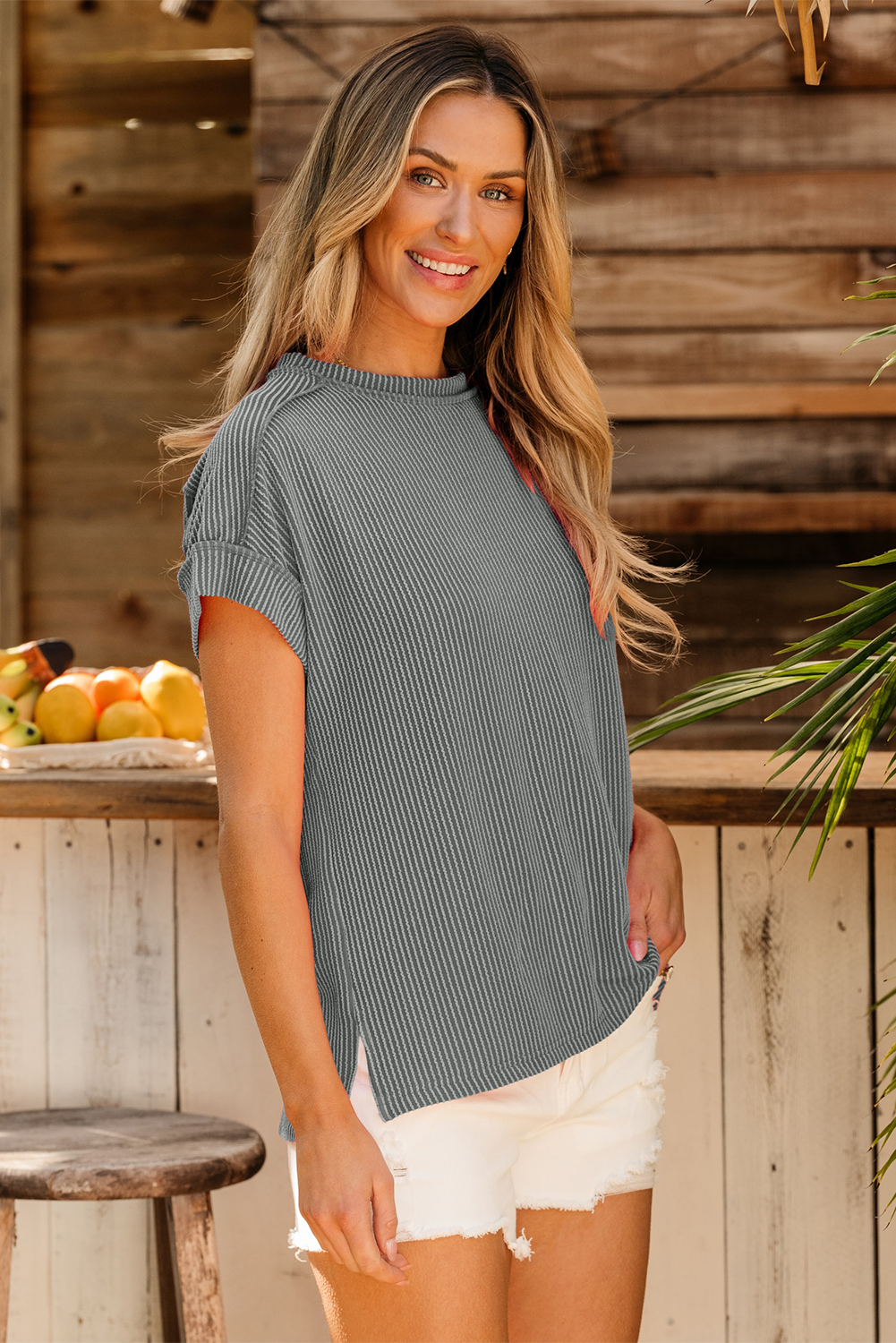 Medium Grey Textured Knit Exposed Stitching T-shirt - Image 3