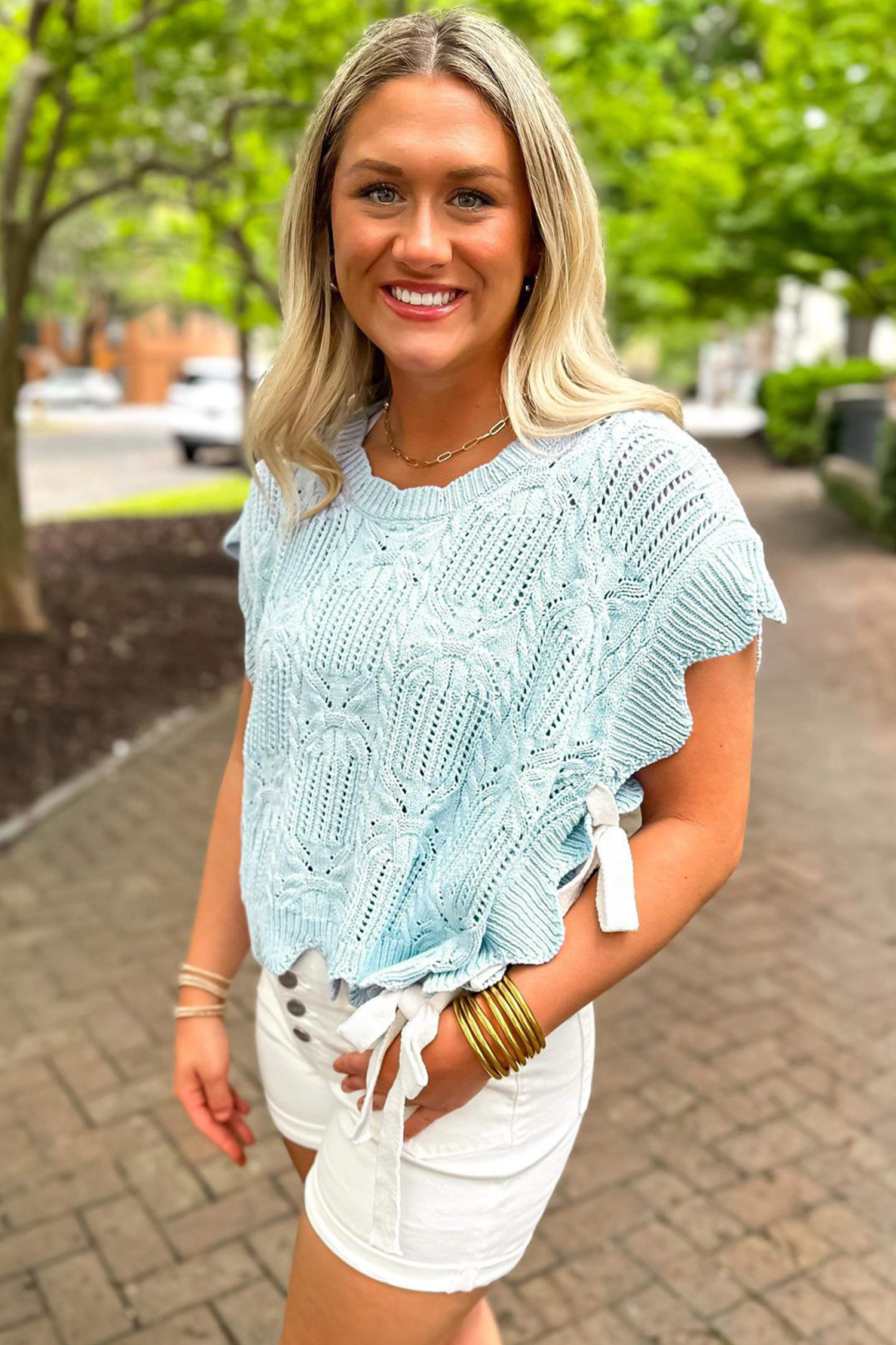 Beau Blue Pointelle Knit Patterned Scalloped Trim Short Sleeve Sweater - Image 3