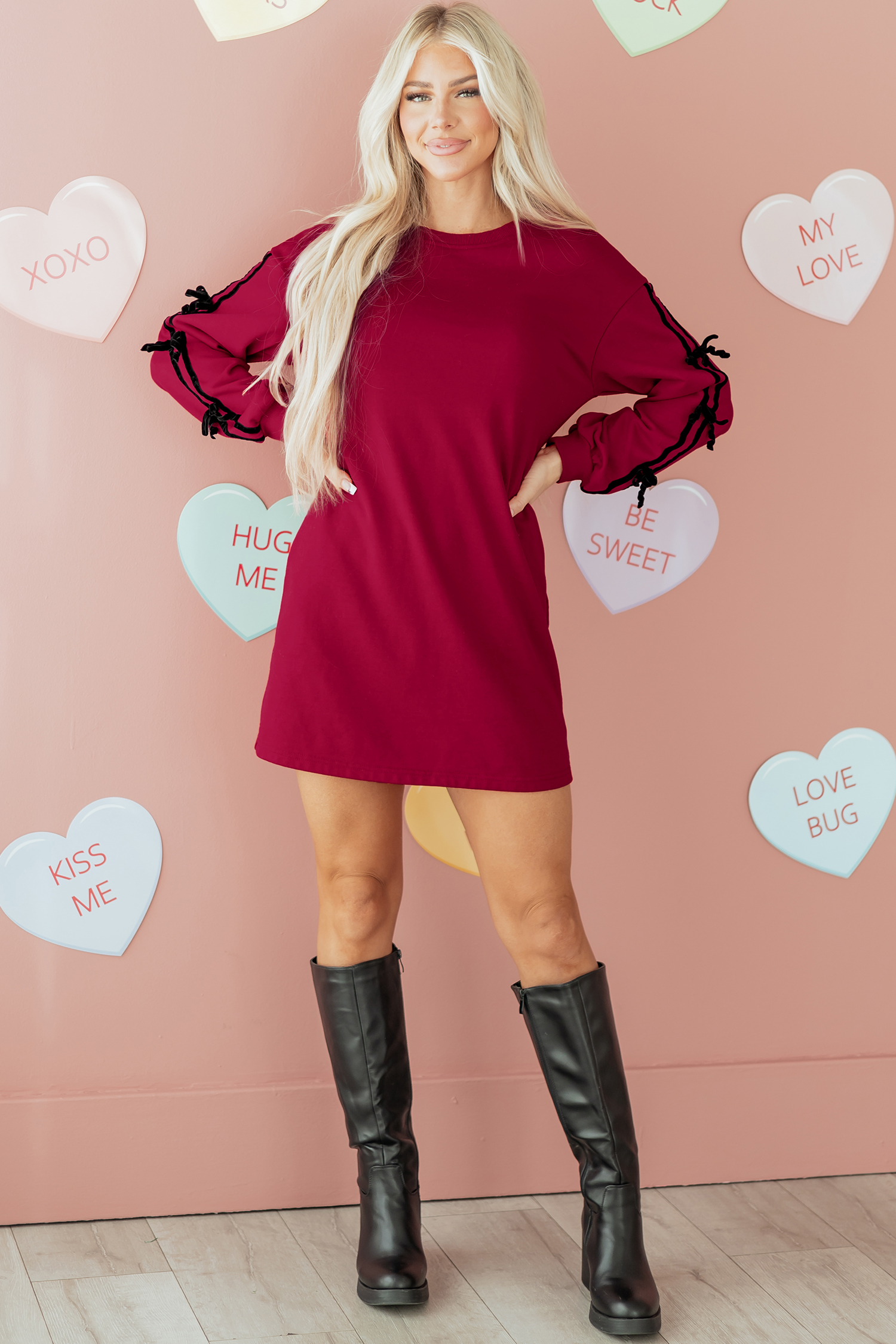 Racing Red Contrast Striped Bow Detail Drop Shoulder Sweatshirt Dress with Pockets - Image 4