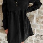 Black Corduroy Half Button Collared Long Sleeve Mini Dress
