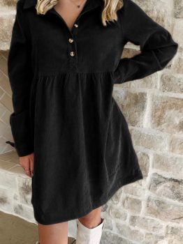 Black Corduroy Half Button Collared Long Sleeve Mini Dress