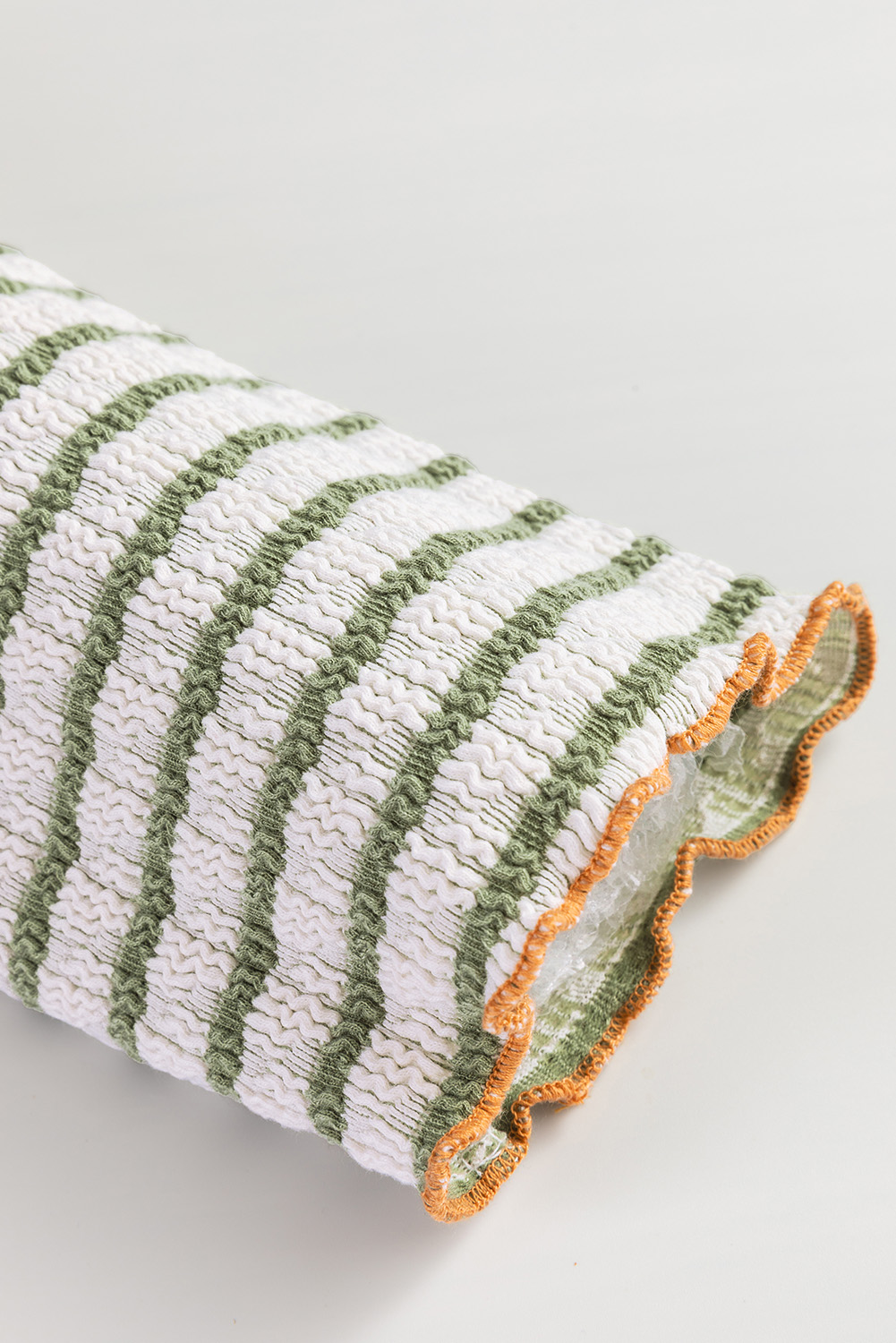 Green Stripe Textured Frilly Trim Buttons Henley Long Sleeve Top - Image 5