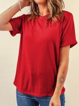 Dearlove Red Casual Plain Crew Neck Tee