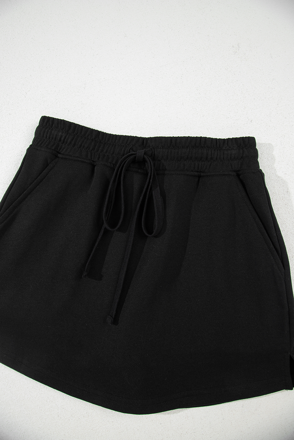 Black French Terry Drawstring Elastic Waistband Mini Skort with Pockets - Image 8