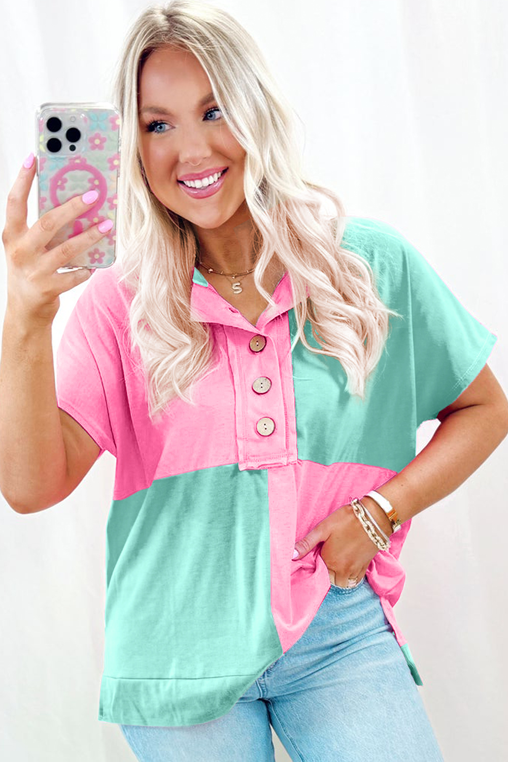Mint Green Two Tone Half Buttons Collared T Shirt - Image 3