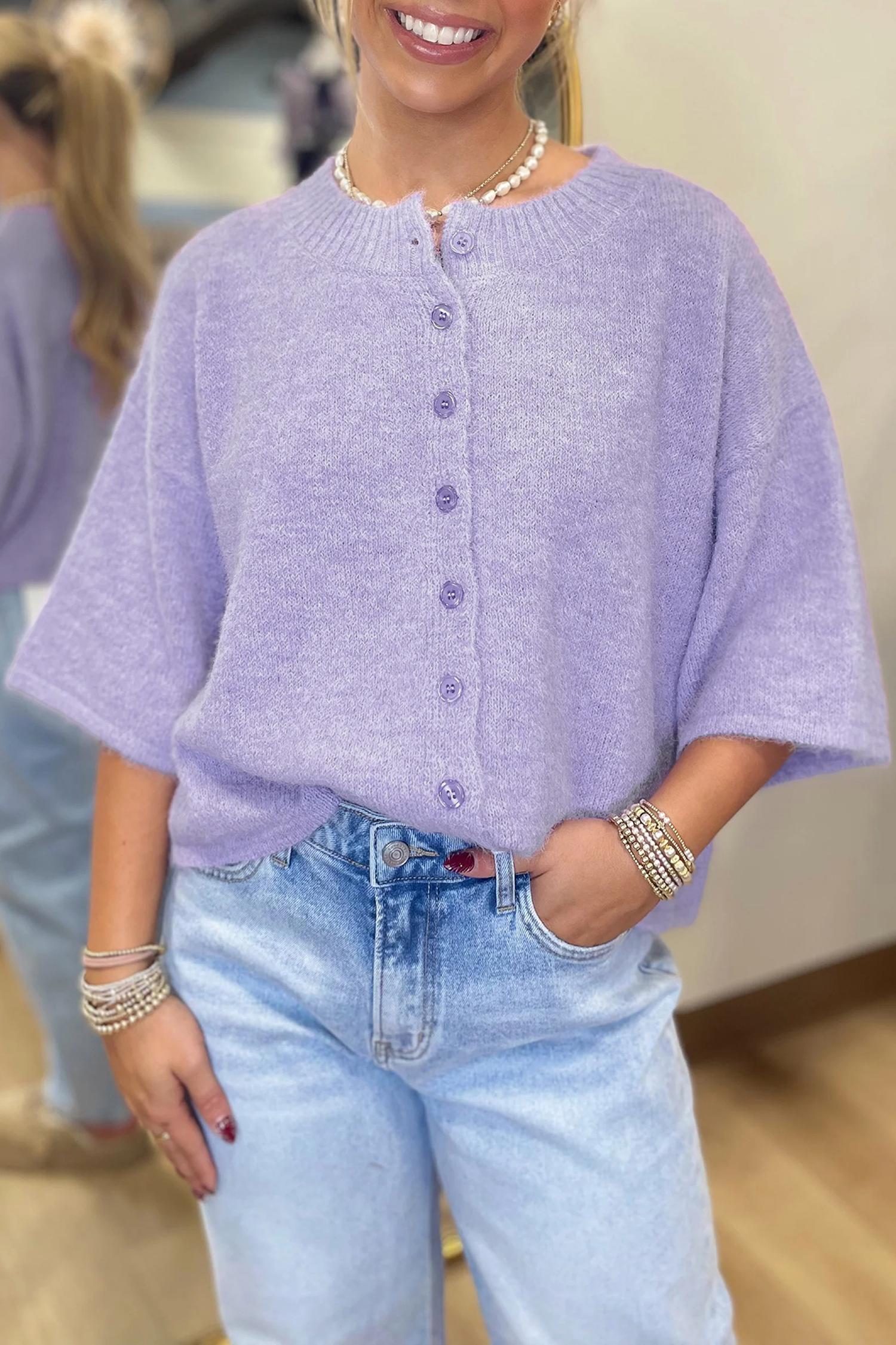 Lavendula 3/4 Sleeve Boxy Knit Button Down Sweater Cardigan - Image 2