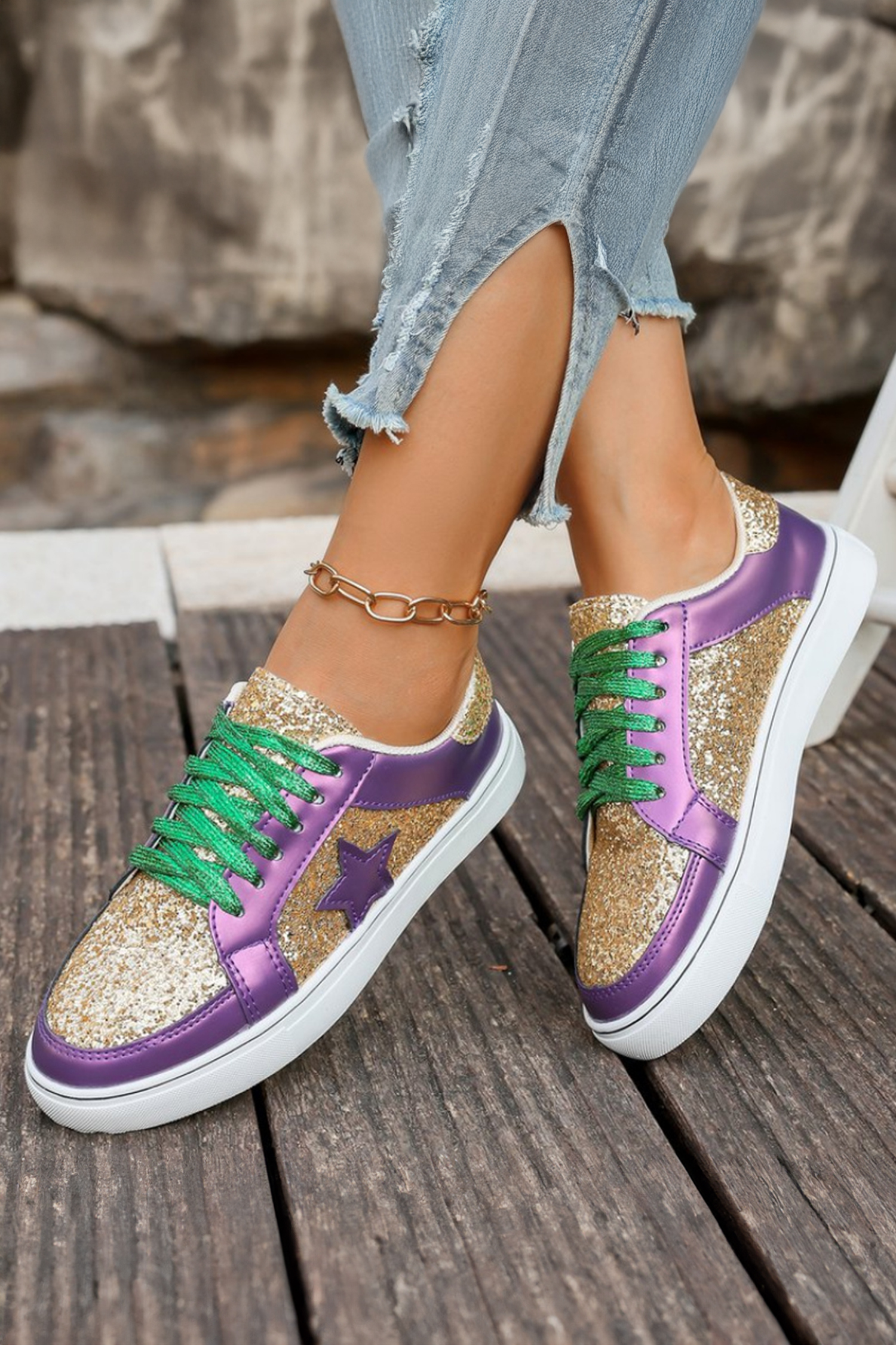 Tillandsia Purple Dearlove Glitter Star Patchwork PU Leather Lace-up Sneakers - Image 4