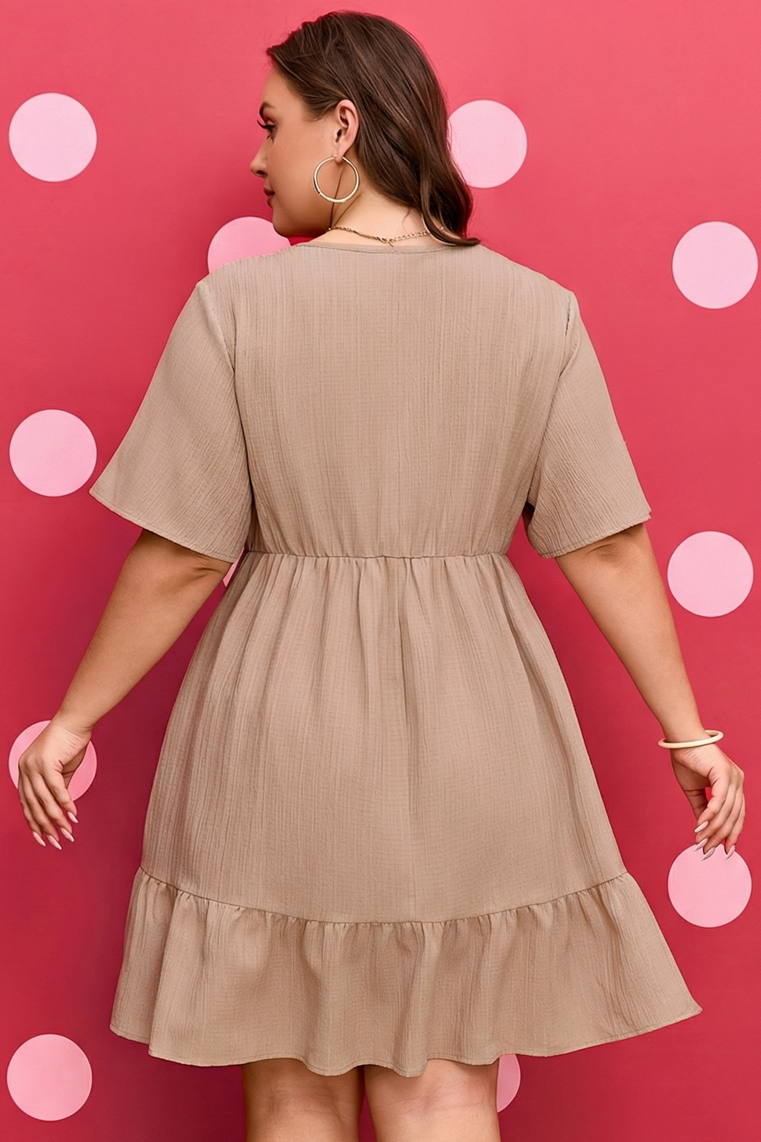 Dark Khaki Plus Size Textured Ruffled Short Sleeve Dress - Image 2