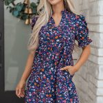 Blue Wild Daisy Floral Split Neck Short Puff Sleeve Mini Dress
