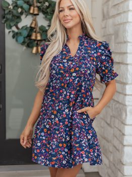 Blue Wild Daisy Floral Split Neck Short Puff Sleeve Mini Dress
