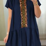 Navy Blue Button Detail Leopard Metallic Trim Short Sleeve Tunic Dress