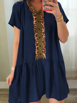 Navy Blue Button Detail Leopard Metallic Trim Short Sleeve Tunic Dress