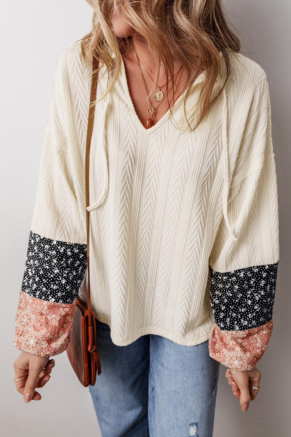 Beige Floral Patchwork Textured Knit Drawstring V Neck Blouse - Image 3
