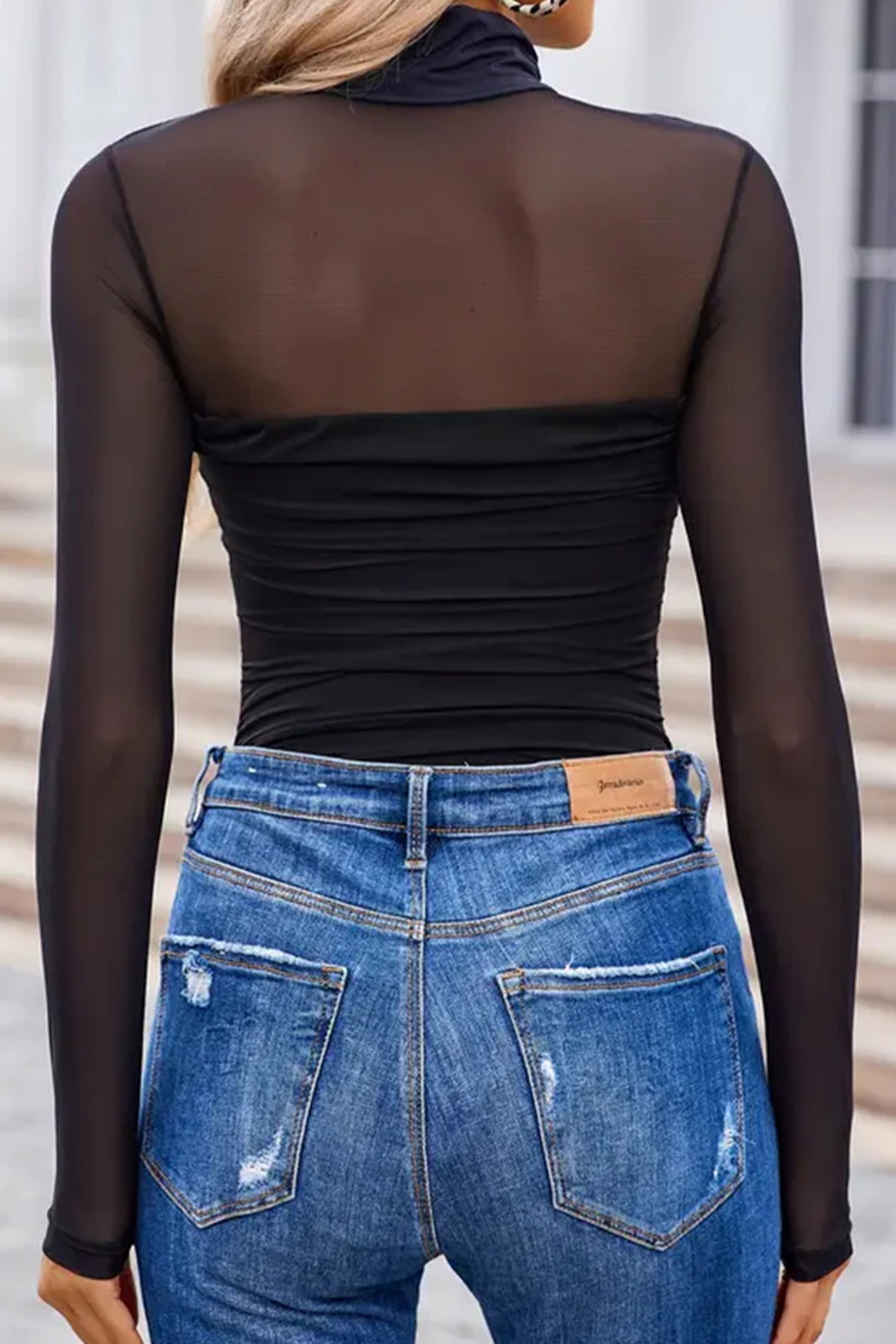 Black Sheer Mesh Patchwork High Neck Long Sleeve Top - Image 2