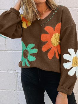 Coffee Big Flower Pattern V Neck Drop Shoulder Sweater