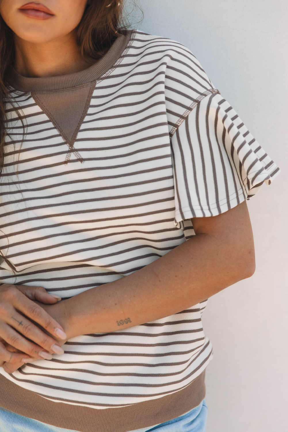 Parchment Contrast Detail Striped Ruffle Short Sleeve Top - Image 7