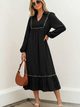 Black Collared V Neck Smocked Detail Contrast Leopard Trim Bracelet Sleeve Long Dress