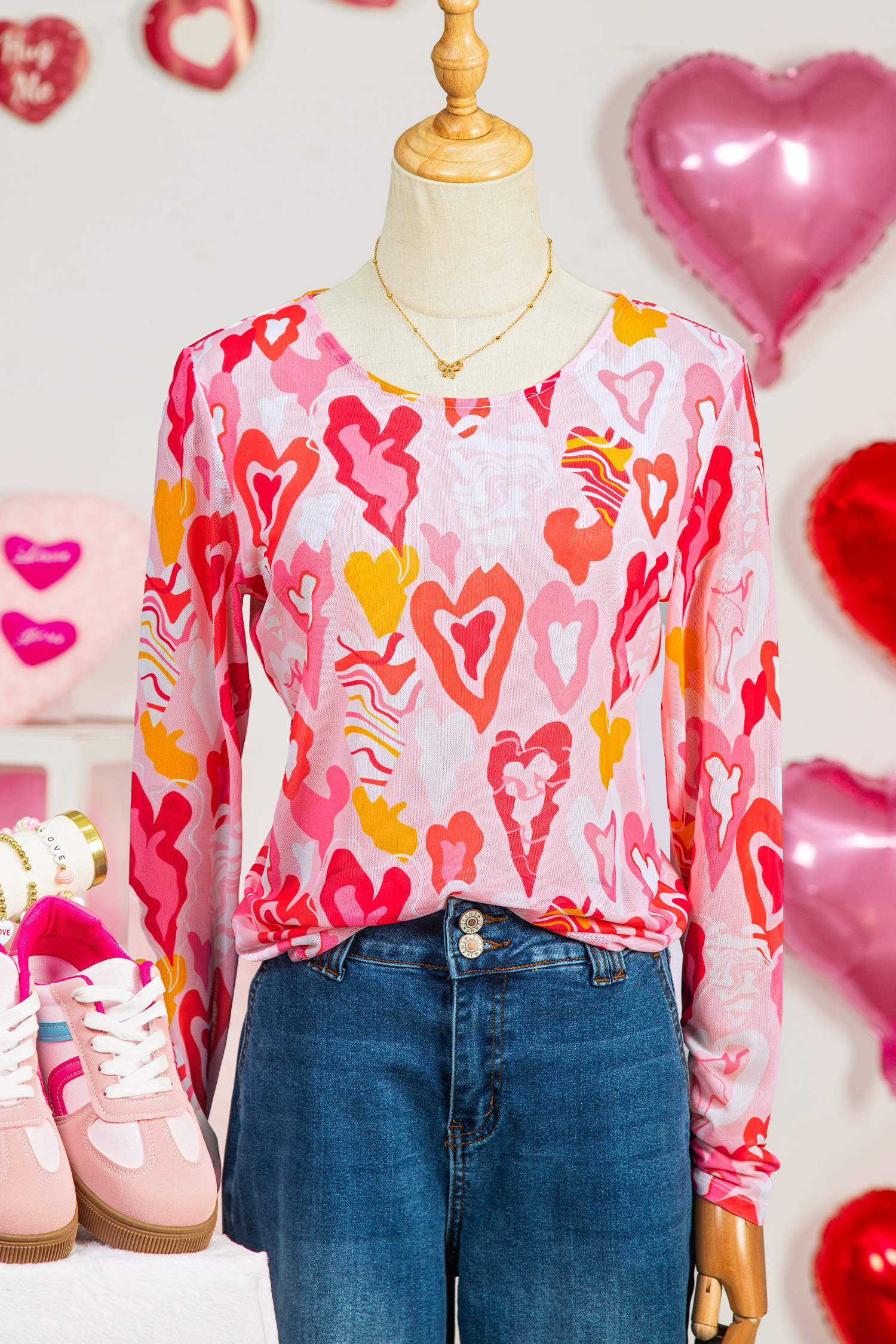 Rose Valentine Heart Mesh Long Sleeve Top - Image 7