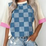 Dusk Blue Checkered Denim Patchwork Short Sleeve Loose Top