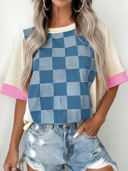Dusk Blue Checkered Denim Patchwork Short Sleeve Loose Top