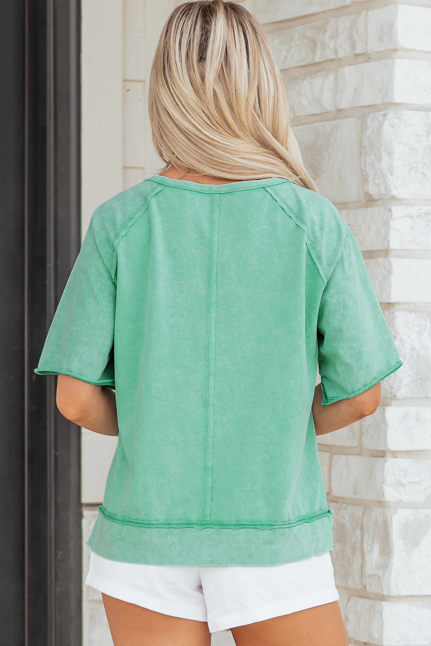 Mint Green Half Buttons Raw Seam Raglan Sleeve Mineral Wash T Shirt - Image 2