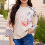 Beige Plaid Floral Peace Heart Graphic Wide Long Sleeve Top