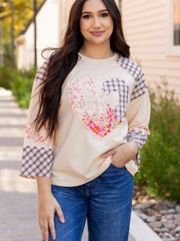 Beige Plaid Floral Peace Heart Graphic Wide Long Sleeve Top