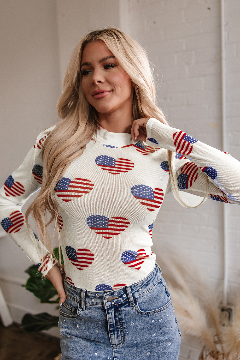 White Americana Glitter Mesh Long Sleeve Bodysuit - Image 5