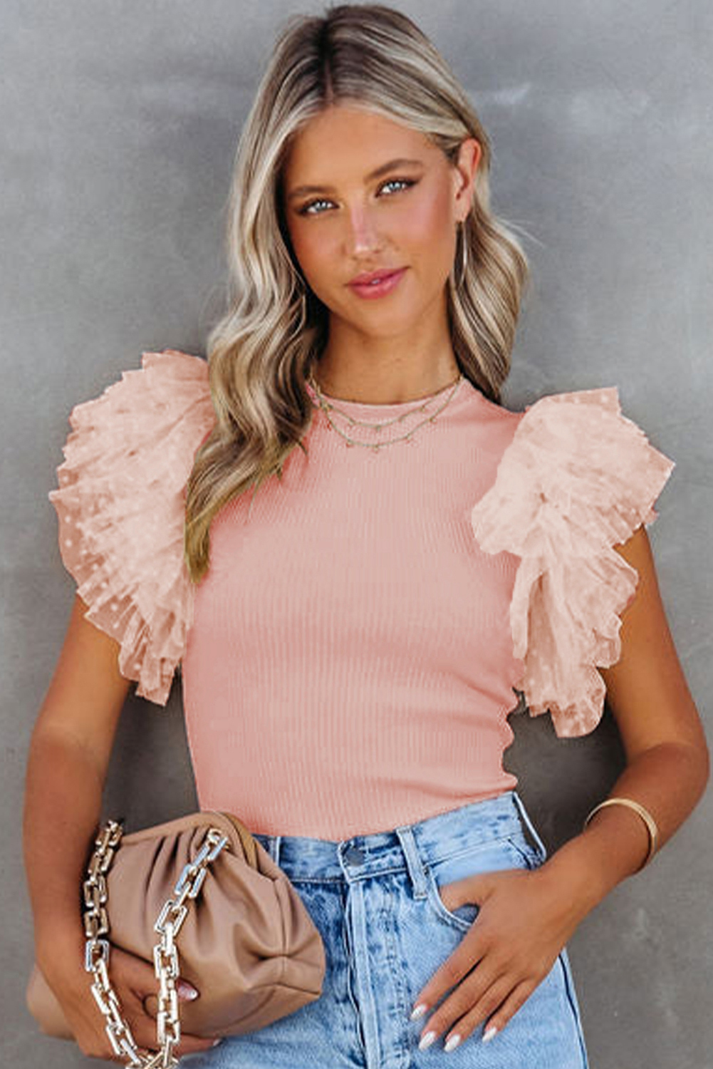 Pink Dotty Mesh Ruffle Sleeve Ribbed Knit Top - Image 5