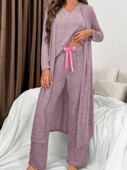 Delicacy 3pcs V Neck T Shirt Ribbon Knot Pants Open Duster 3pcs Lounge Set