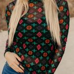 Black Western Aztec Printed Long Sleeve Mesh Top