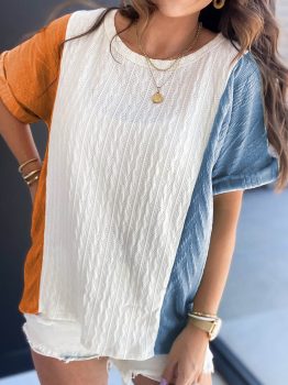 Light Blue Textured Color Block Loose Fit T Shirt