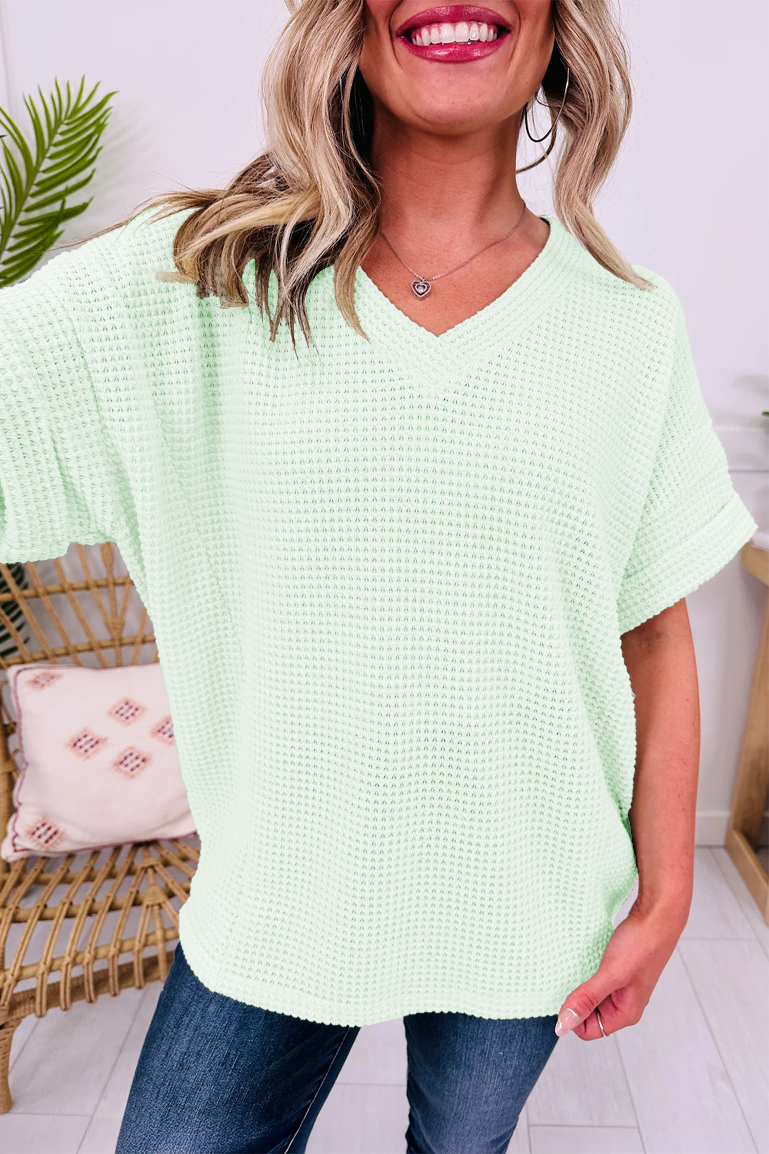 Clearly Aqua Waffle V Neck Short Sleeve Knit Top - Image 7