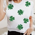 White Sequin Lucky Clover Graphic Crewneck Tee