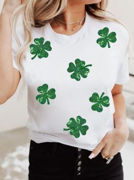 White Sequin Lucky Clover Graphic Crewneck Tee