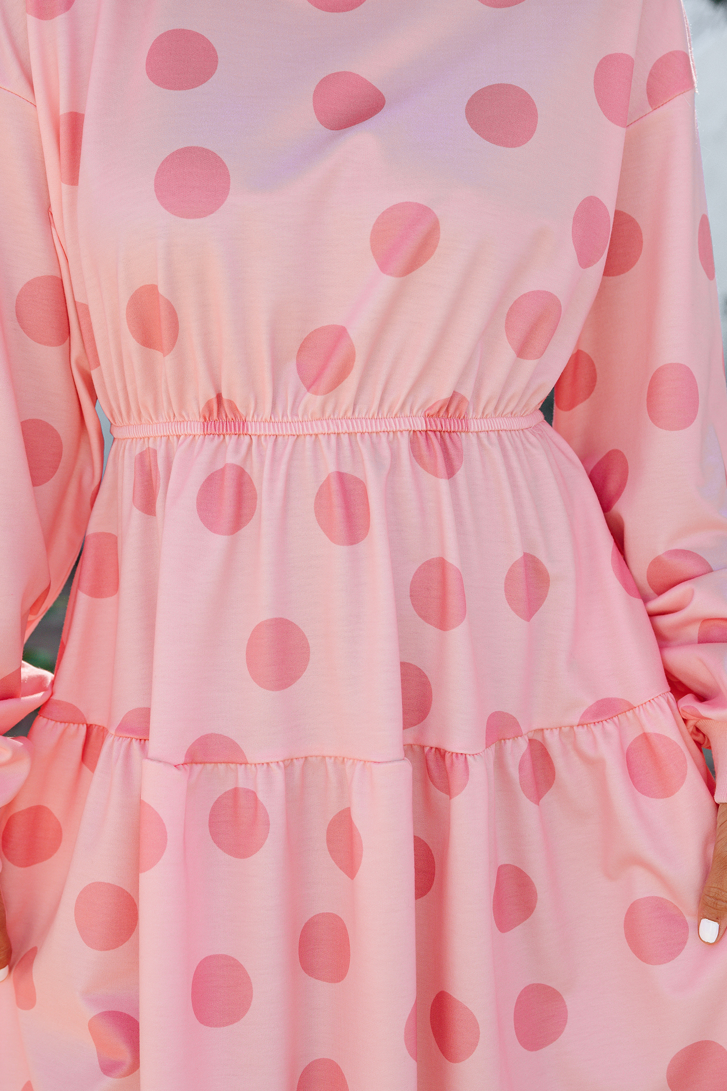 Pink Polka Dot Printed Long Sleeve Flared Mini Dress - Image 7