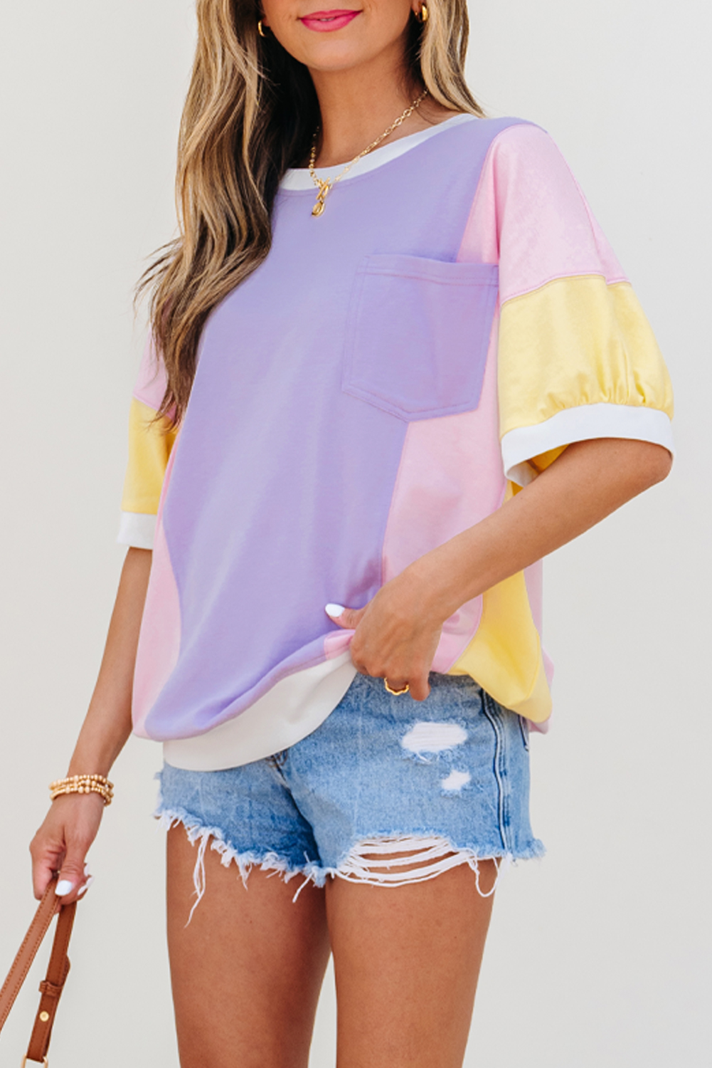 Purple Color Block Patchwork Half Sleeve Oversized T Shirt - Image 5