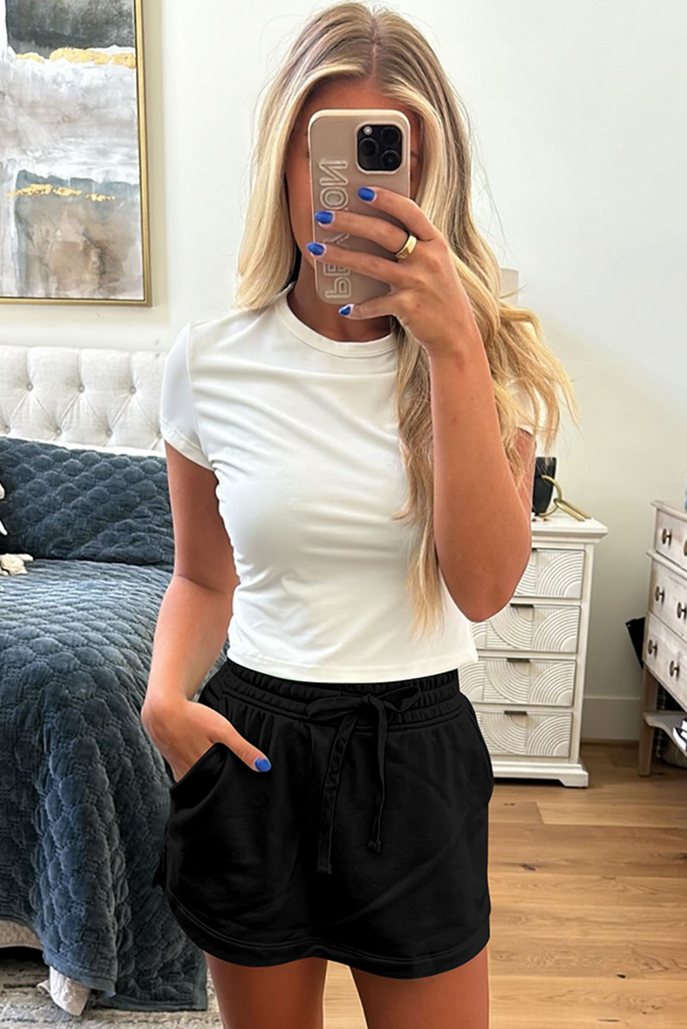 Black French Terry Drawstring Elastic Waistband Mini Skort with Pockets - Image 4