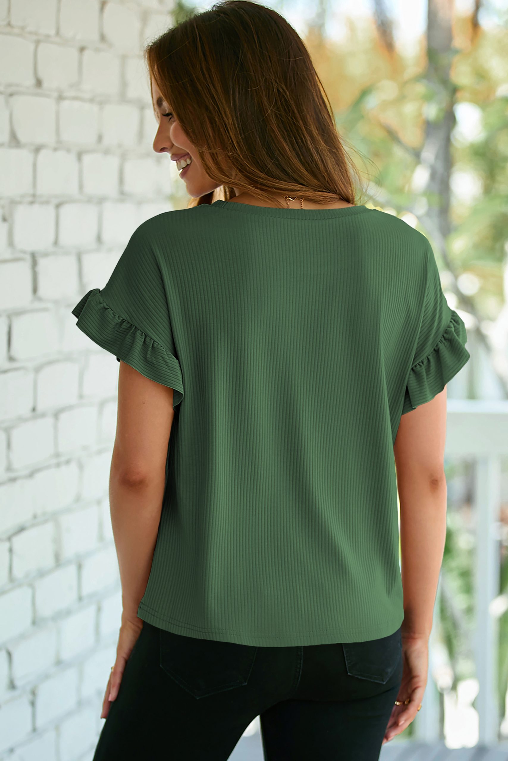 Blackish Green Solid Color Ribbed Ruffled Short Sleeve T Shirt - Image 6